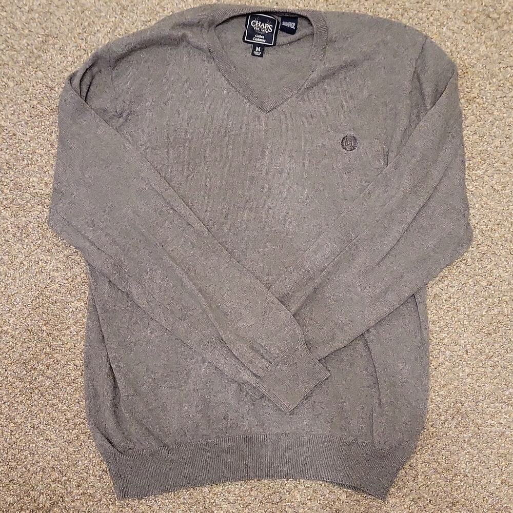 Chaps Men's Gray V-Neck Pullover Sweater Cotton Cashmere Knit Medium